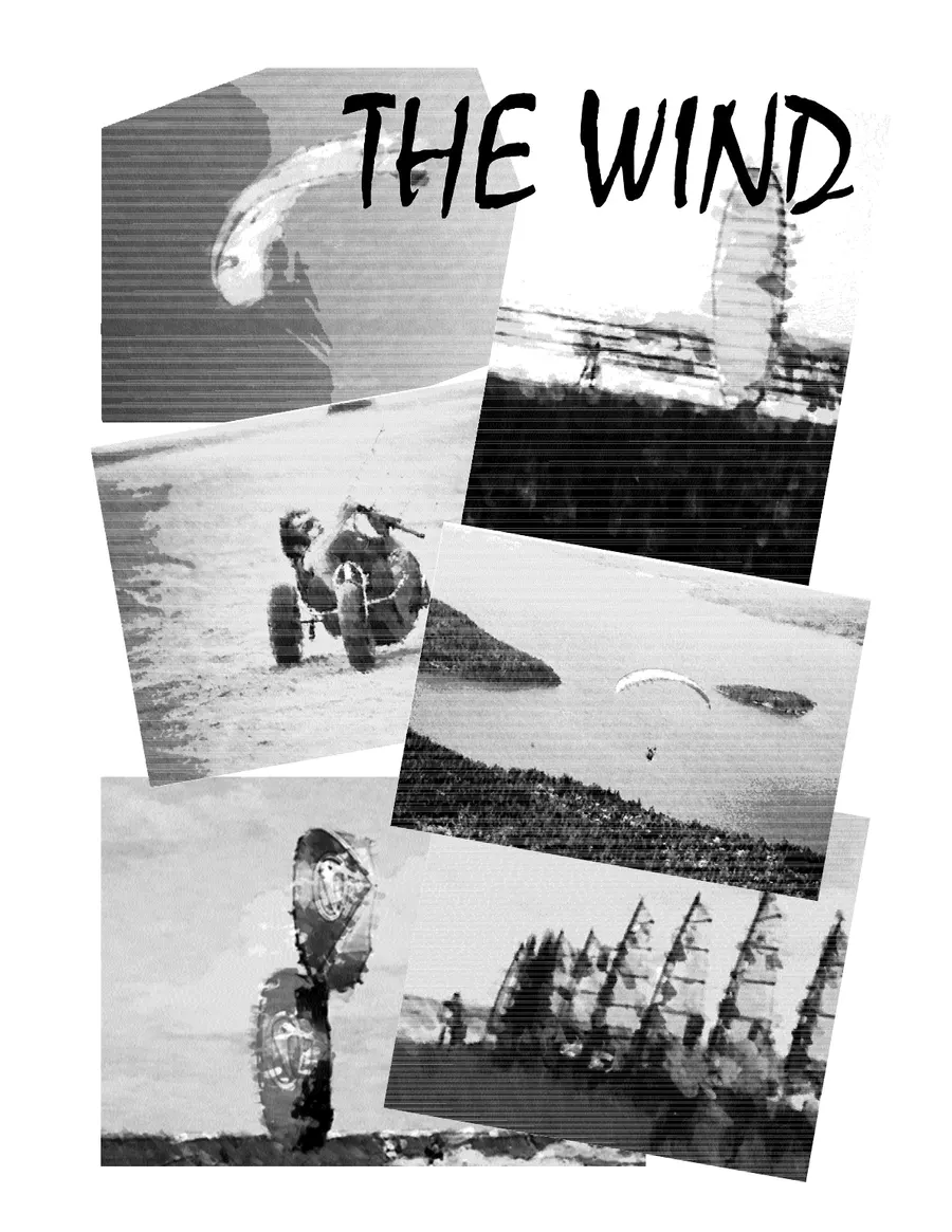 Tapa del número 1 de The Wind, un collage de fotos de kitebuggy, parapente y kitesurf